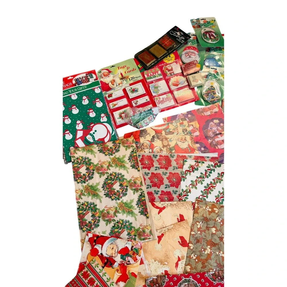 Vintage Christmas Gift Wrap Lot Wrapping Paper Bags Tags Santa Ephemera